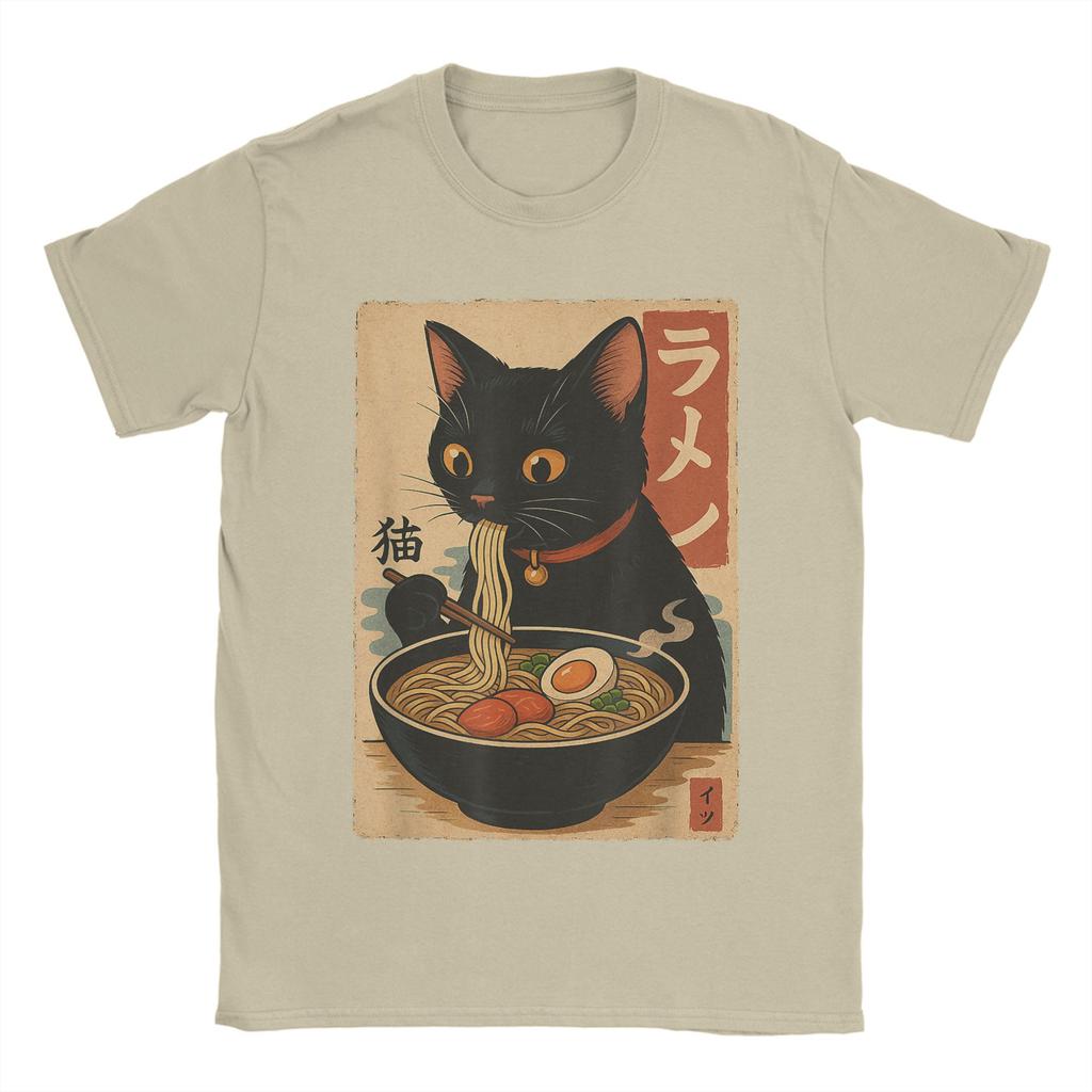 Japanese Black Cat Ramen Men's T Shirt Kawaii Noodle Cat Tee Shirt Short Sleeve Round Collar T-Shirt Pure Cotton Printed Clothes