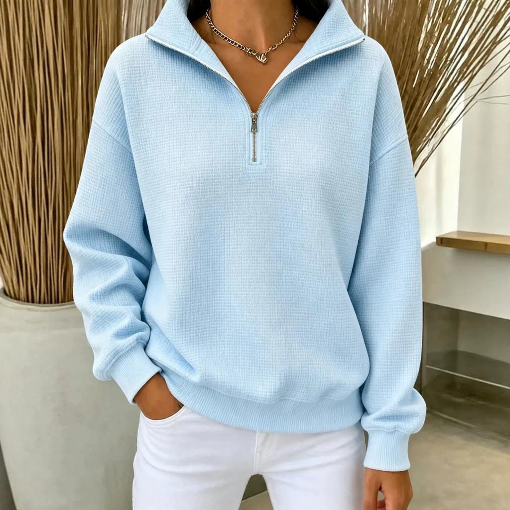 Women's Long Sleeve Zip-Up Sweatshirt with Stand Collar, Knit, Color, Loose Fit