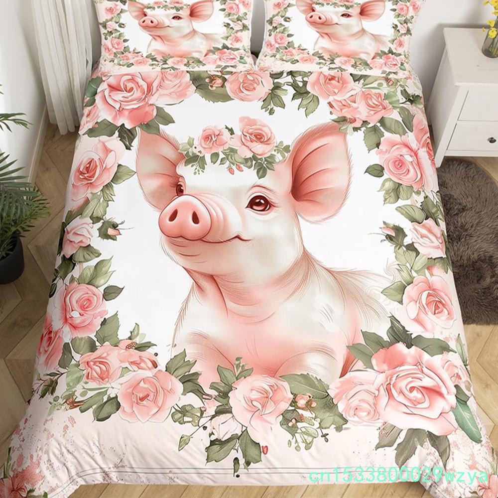 Pink Pig Bedding Set King Queen Sleeping Pig Duvet Cover For Kids Boys Girls Kawaii Animals Comforter Cover With 2 Pillowcases