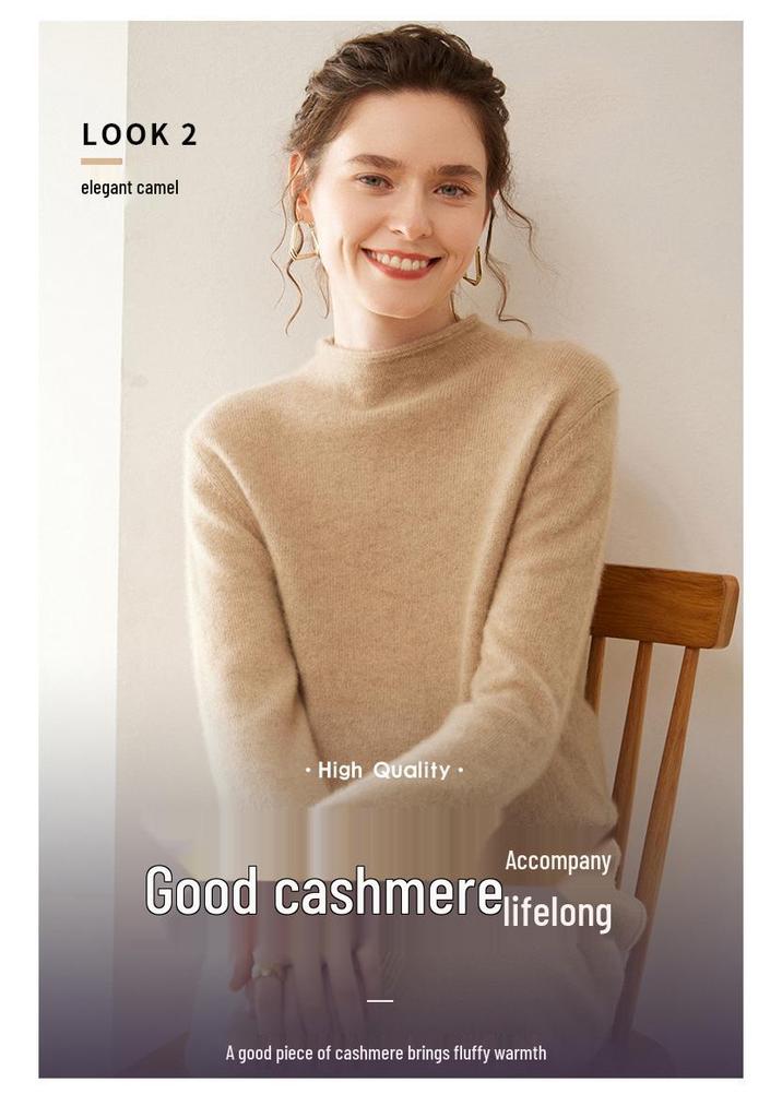 Women's Minimalist Cashmere Semi-High Neck Rolled-Edge Sweater - Loose Fit, Slimming, Long Sleeve