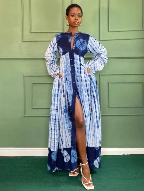 Women's Elegant Printed Long Sleeve Cardigan Dress 25013