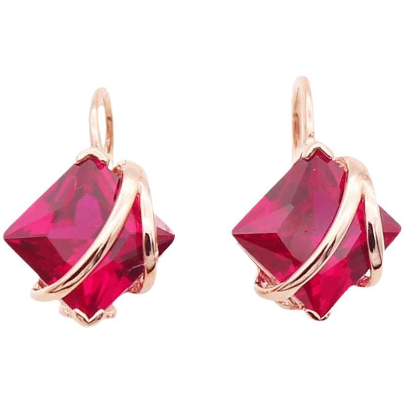 Exquisite Russian 585 Purple Gold Plated Rose Gold Square Redstone Earrings Simple Foreign Versatile Color Gold Earrings