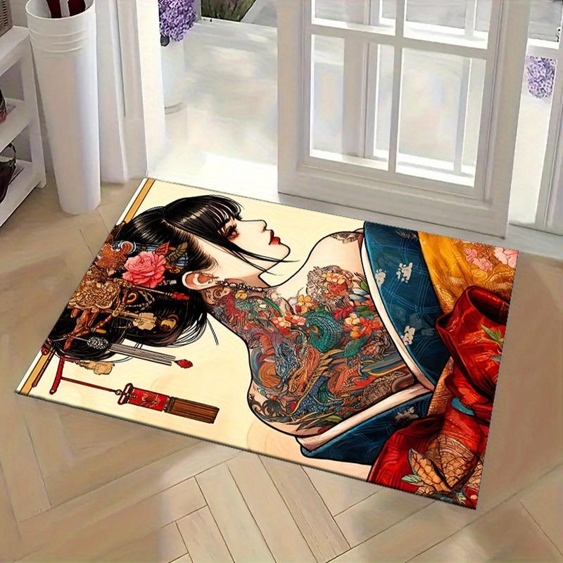[Vibrant Geisha Art Rug] Polyester Vibrant Geisha Art Rug | Traditional Japanese Kimono Design with Floral Tattoo Patterns | Rec