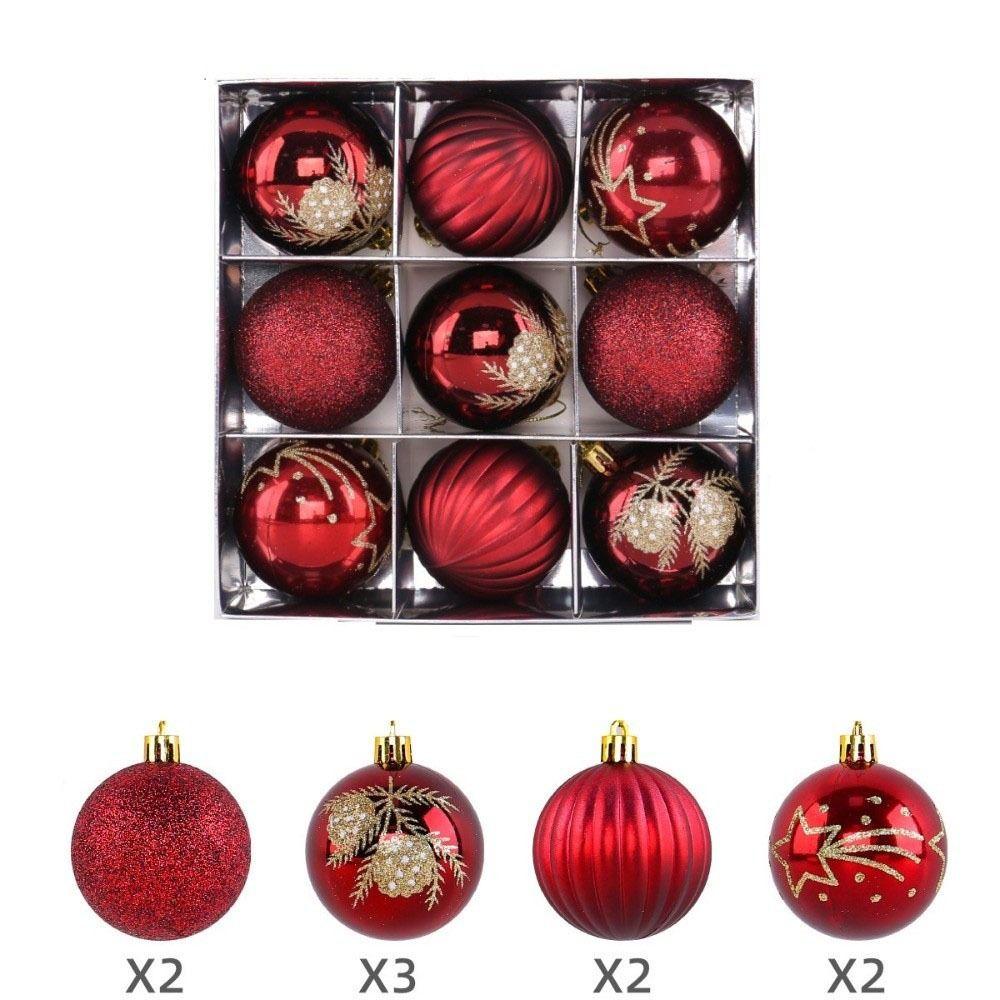 9Pcs/Set Plastic Christmas Balls with Gold Pattern Shatterproof Christmas Balls Pendant Decorative Red Xmas Tree Ornaments