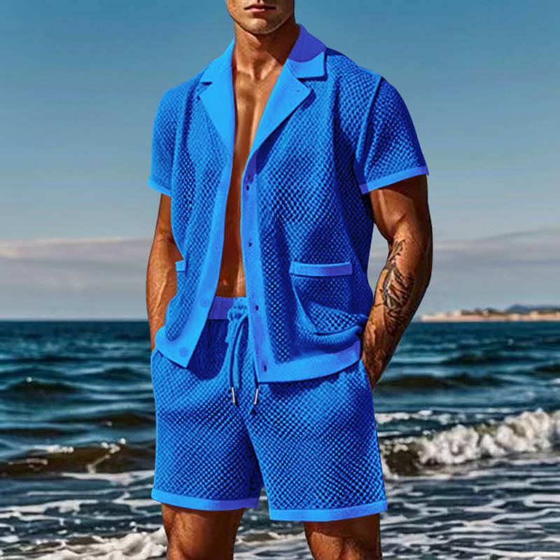 2-Piece Outfit for Men Summer Breathable Mesh Lapel Collar T-Shirt and Shorts Sets Cool Sexy Hollow Fabric Design Beach Clothing