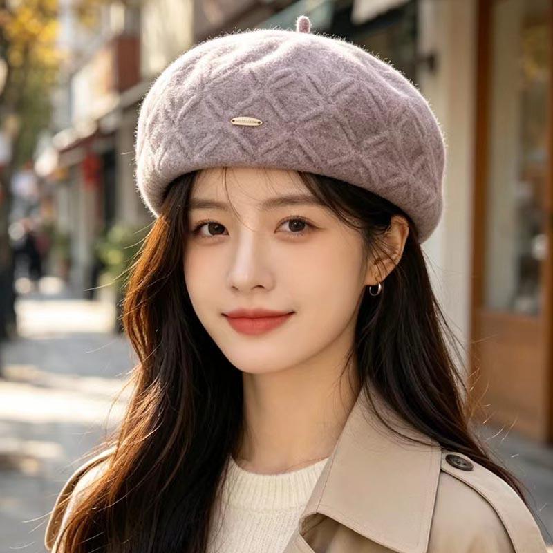 New Diamond Embossed Wool Beret Women's Autumn and Winter Retro Metal Standard Pumpkin Hat Showing Small Temperament Painter Hat
