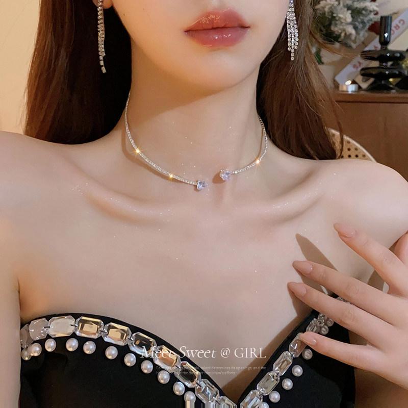 Elegante Französische Retro Zirkonia Herz Halskette - Luxuriöser Modischer Schlüsselbein Kette Schmuck