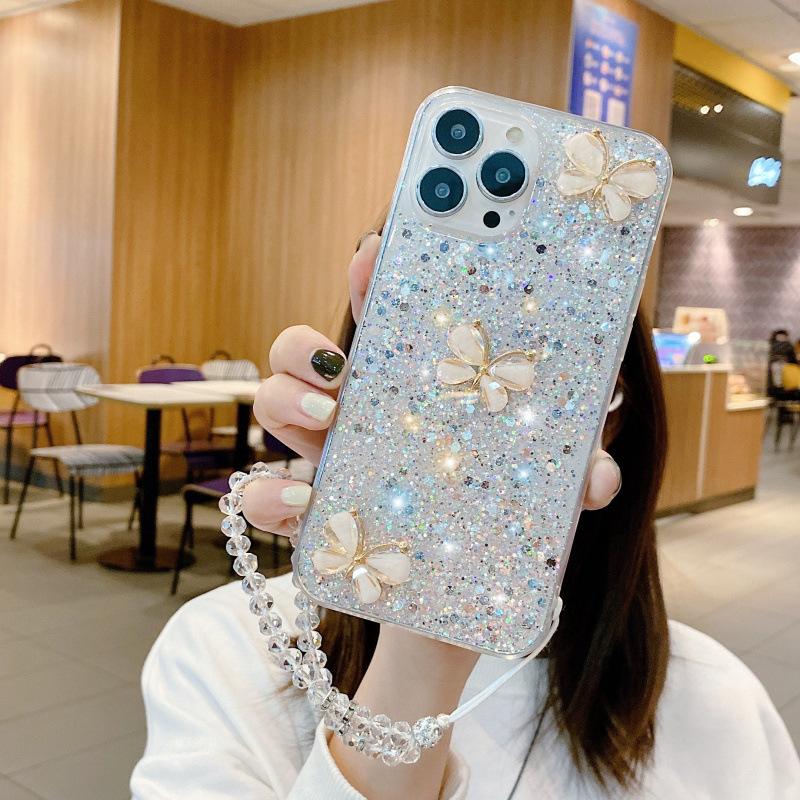 Applicable To Apple 17Pro Glitter Jade Butterfly Hand Rope Epoxy 15 Mobile Phone Case iPhone14 Butterfly 16Pro Max