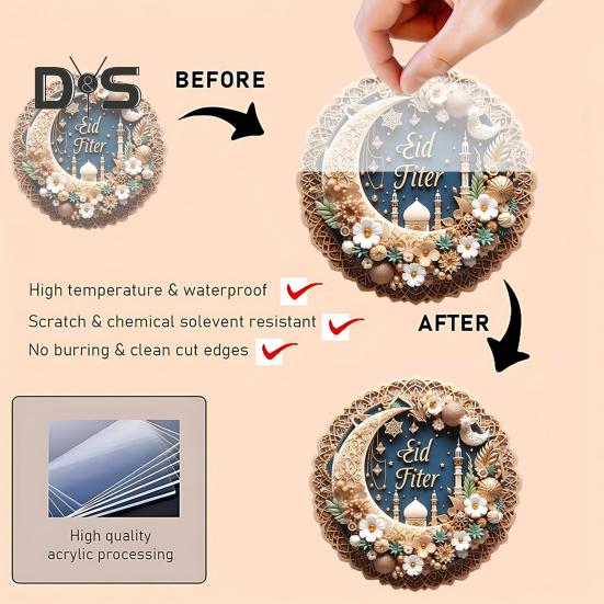 Eid Mubarak Door Sign Moon Star 2D Acrylic Pendant Islamic Ramadan Decoration Door Hanging Sign for Ramadan Mubarak Eid Decorations