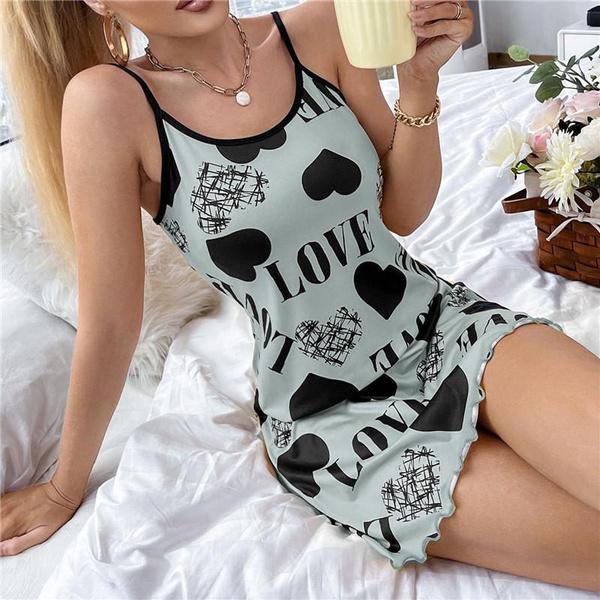 Damen-Nachthemd mit Buchstaben-Aufdruck, Slip-Kleid, Dessous, Nachtwäsche, Pyjama, Homewear