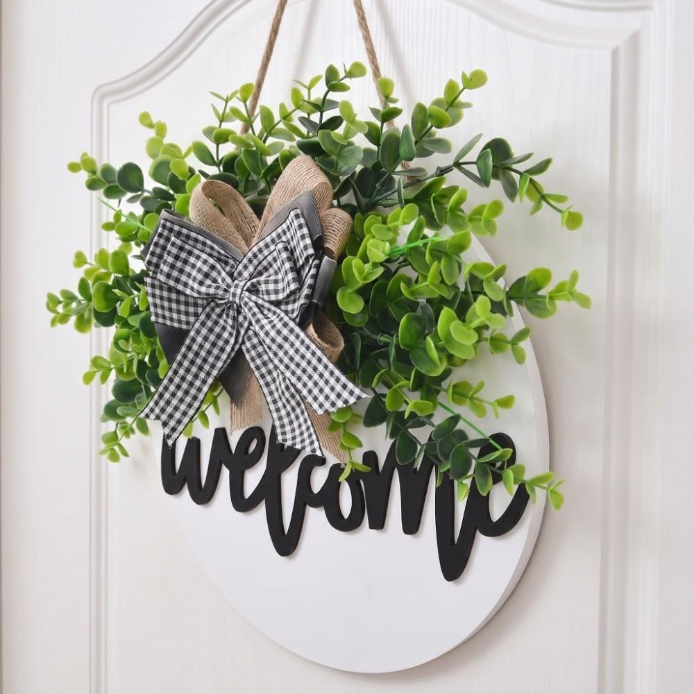 Artificial Plant Wooden Welcome Sign 30cm 11.81in Wall Art Ornaments Hanging Decoration Wall Decor