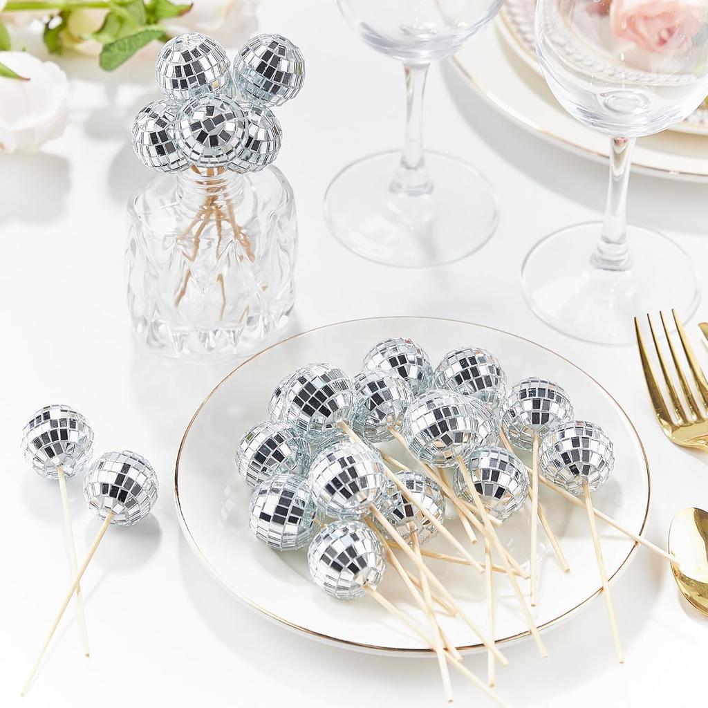 12/24Pcs Mirror Ball Cake Decoration Silver Disco Ball Cupcake Toppers 70s Disco Dance Party Wedding Birthday Decor Supplies