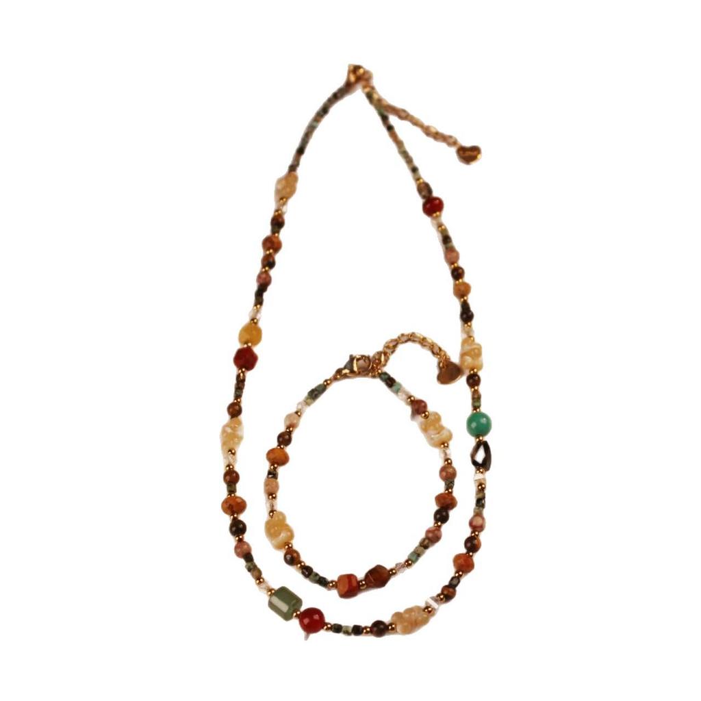 Colorful Retro Bracelet & Necklace Set with Natural Stone, Freshwater Pearls, Seed Beads & Durable Clavicle Chain