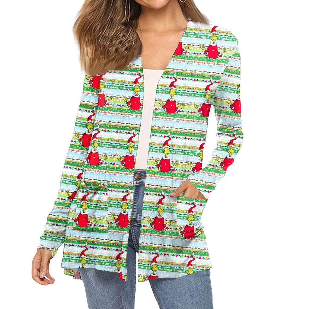 Dámský módní vánoční potisk dlouhý rukáv kapsy slim fit kardigan kabát