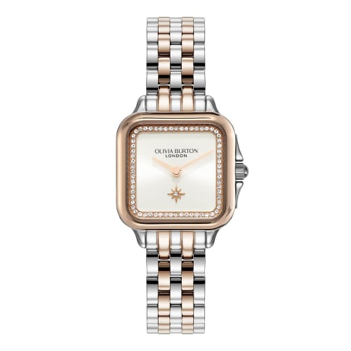 

OLIVIA BURTON Women s Classics Watch, 24000125, 28mm, Grosvenor Crystal, Silver/White Sunray, Silver and Rose Gold Bracelet, Authentic
