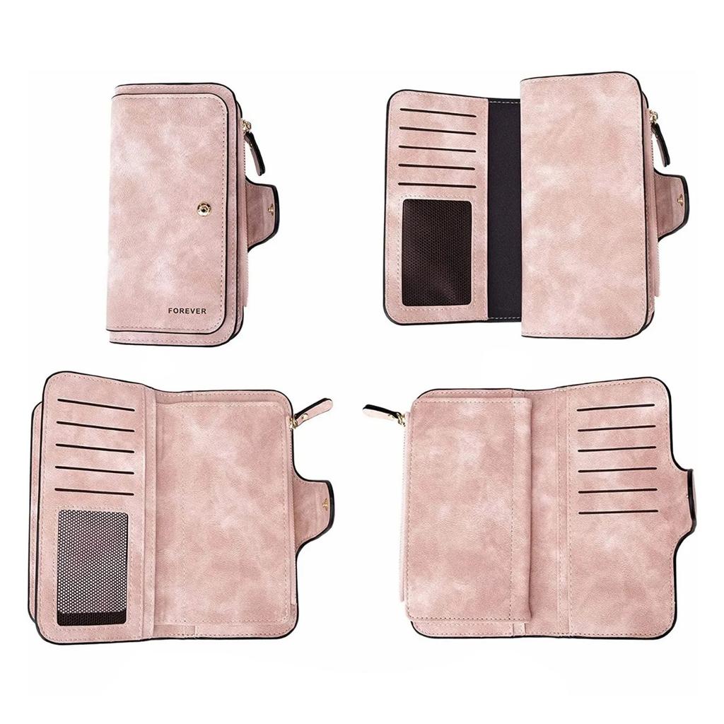 Women Leather Wallet Multi Card Pockets Large Capacity Zip Card Holder Wallet for Cash Pink Free Size