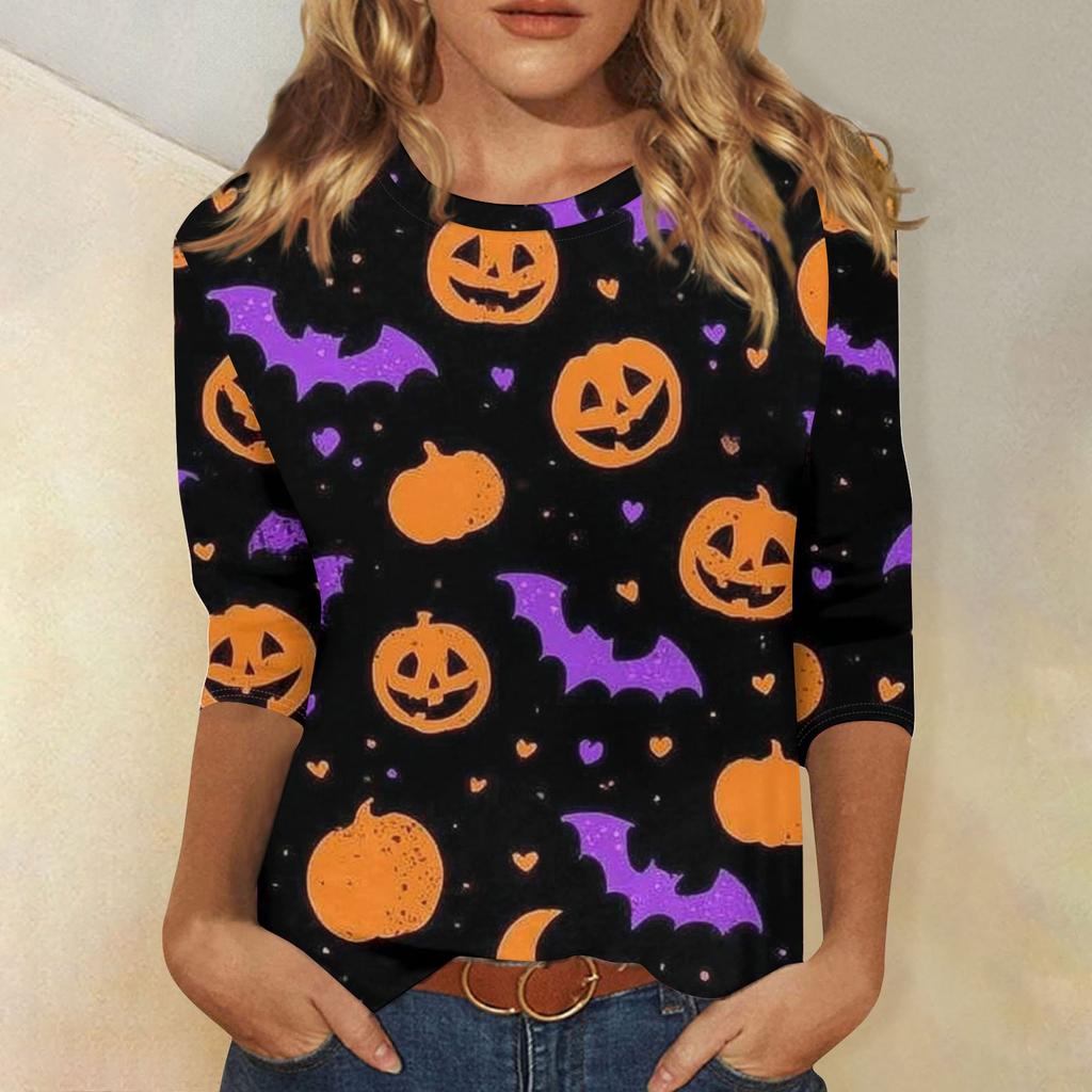 Damenmode Lässig Dreiviertelärmel Halloween-Print Rundhals-Top