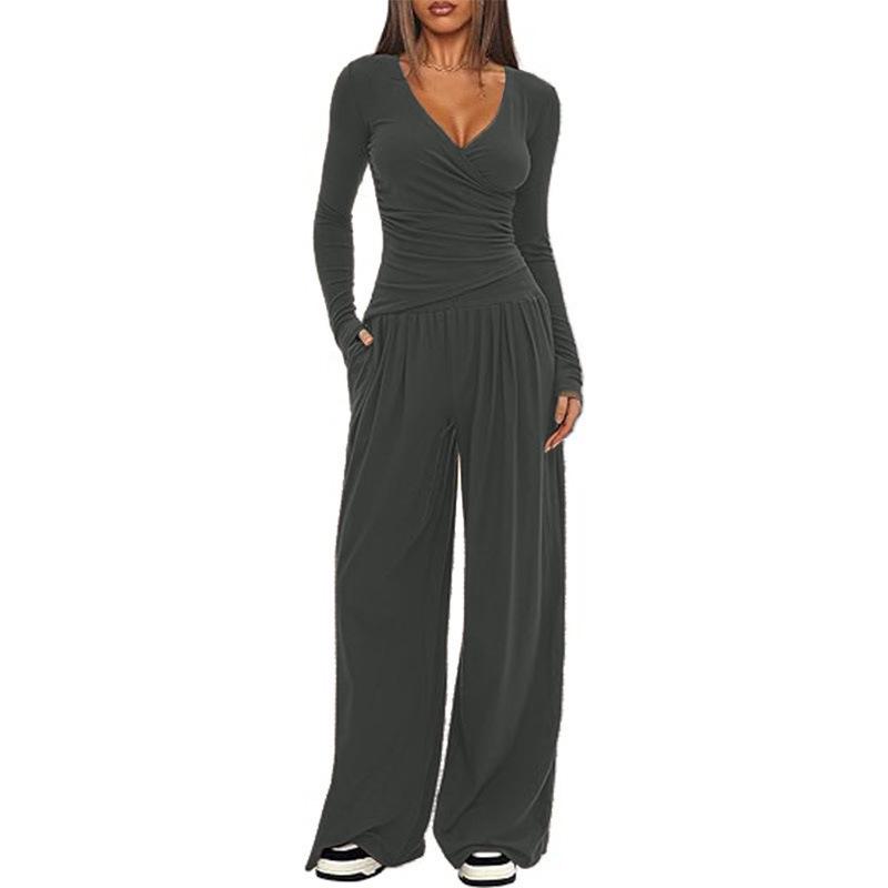 Solid Color V-Neck Knit 2-Piece Set: Long Sleeve Top & Wide Leg Pants