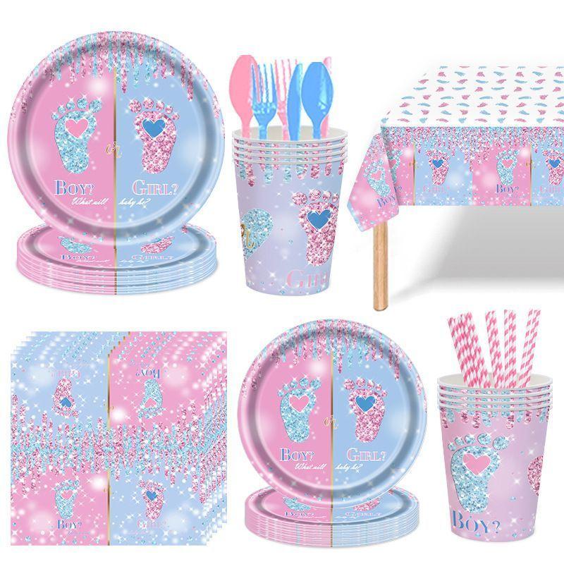 Набір для вечірки-визначення статі дитини (Хлопчик чи Дівчинка), Одноразові паперові тарілки та стаканчики, Скатертини з захистом від опіків, Оформлення тематичного простору