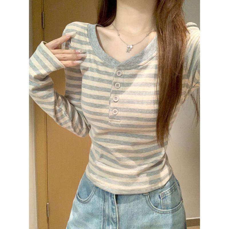 Contrasting striped semi-open neck button front shoulder long-sleeved T-shirt women's spring new slim-fit Spice Girl top base