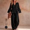 1116 European Beautiful Women's Deep V-neck Button Loose Horn Sleeve Top + Wide-leg Pants with Pockets Simple Set