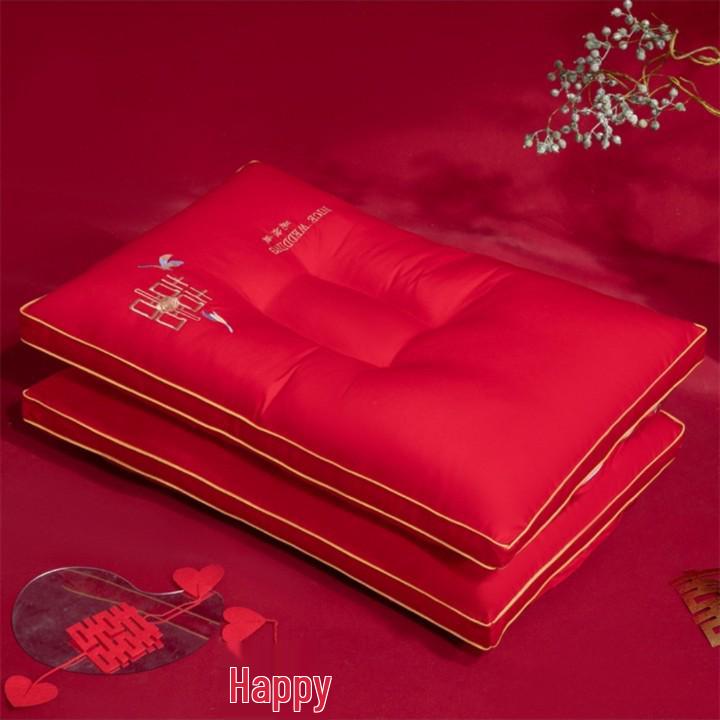 Embroidered Red Wedding Pillow - All-Cotton Feather Velvet for Newlywed Celebration