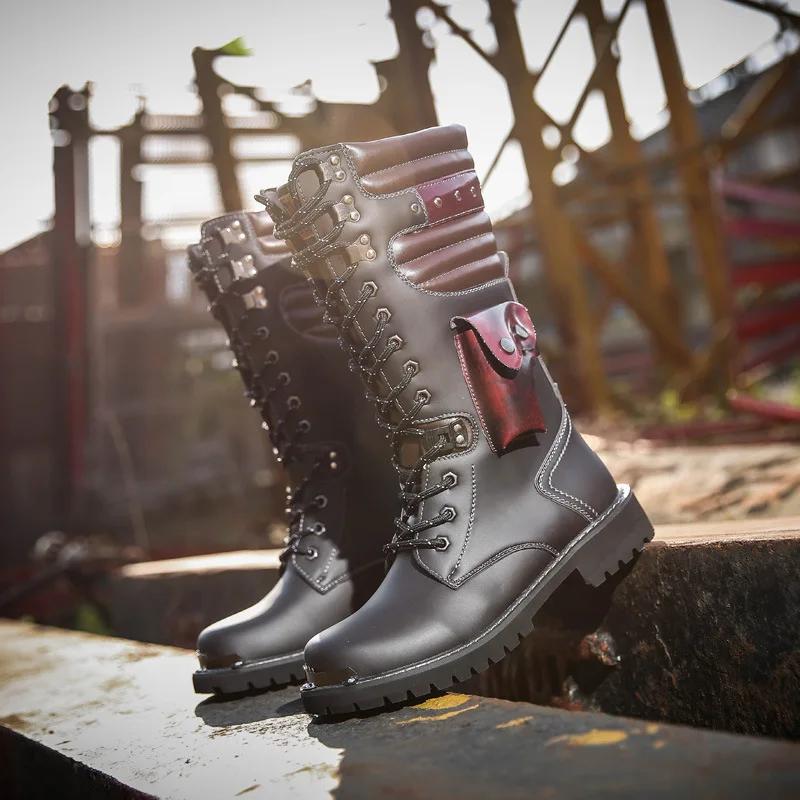 Fashion Men Knee High Leather Boots Winter Male Motorcycle Boots Gothic Punk Shoes Mens Outdoor Military Casual Tooling Boots Man