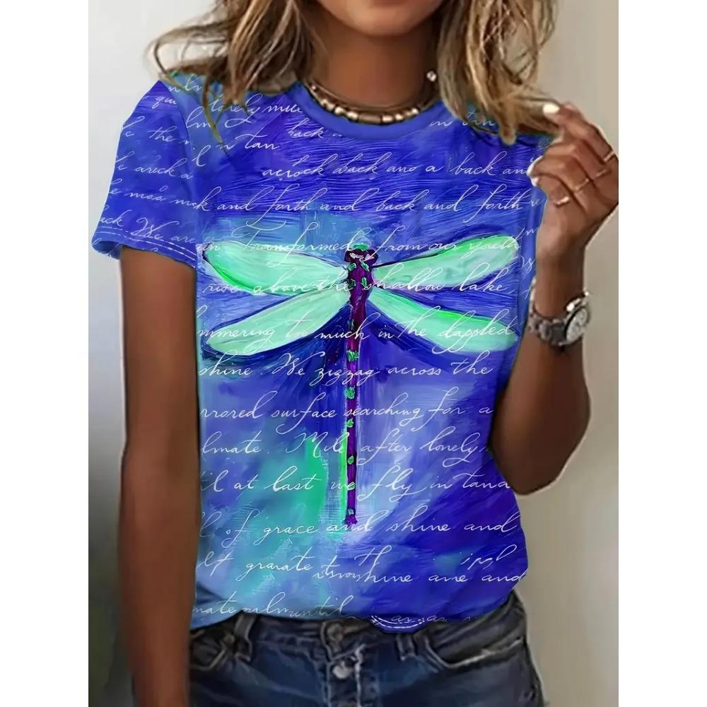 

Women s plus size T-shirt new round neck 3D dragonfly print T-shirt summer fashion short sleeved top summer top women s clothing 5XL