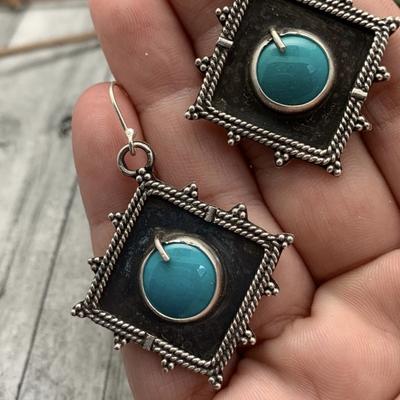 Vintage Quadratisch Rund Blaue Steine Inlay Ohrringe Geometrische Kreativität Silberfarbe Hängende Ohrringe für Damen Schmuck