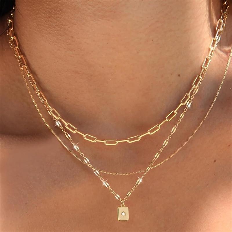 Vintage Gold Color Multi-layer Chain Stacked Necklace For Women Trendy Minimalist Geometric Pendant Necklaces Party Jewelry Gift