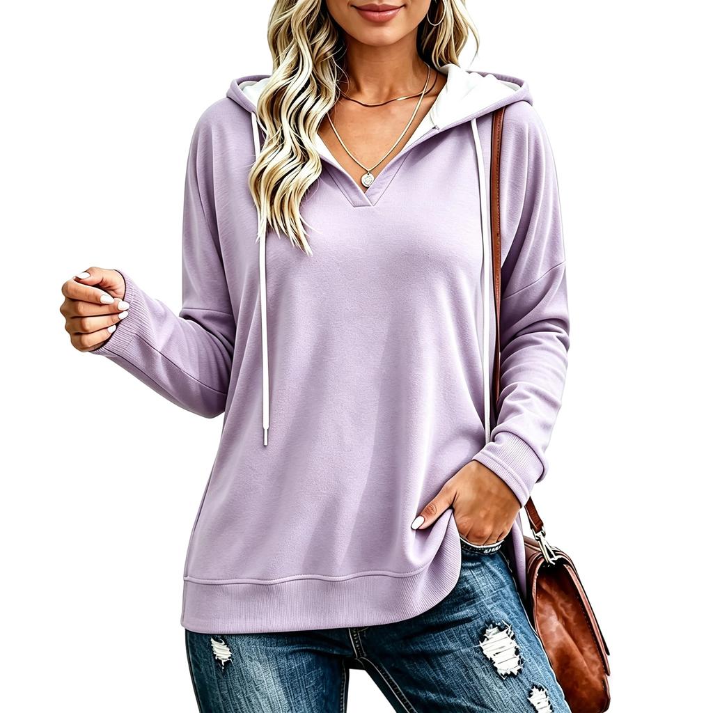 Women's Lightweight V-Neck Long Sleeve Hoodie Casual Pullover