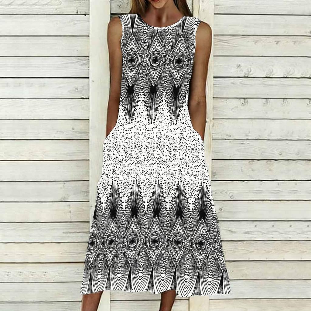 Ladies Plus Size Sleeveless Crew Neck Dress Delicate Mini Floral Flowy Mid Length Gown