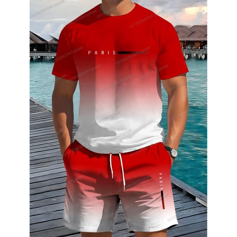 Sommer Herren Paris Print Kurzarm T-Shirt & Shorts Set Rundhals Farbverlauf Kurzarm Damen T-Shirt Shorts Set