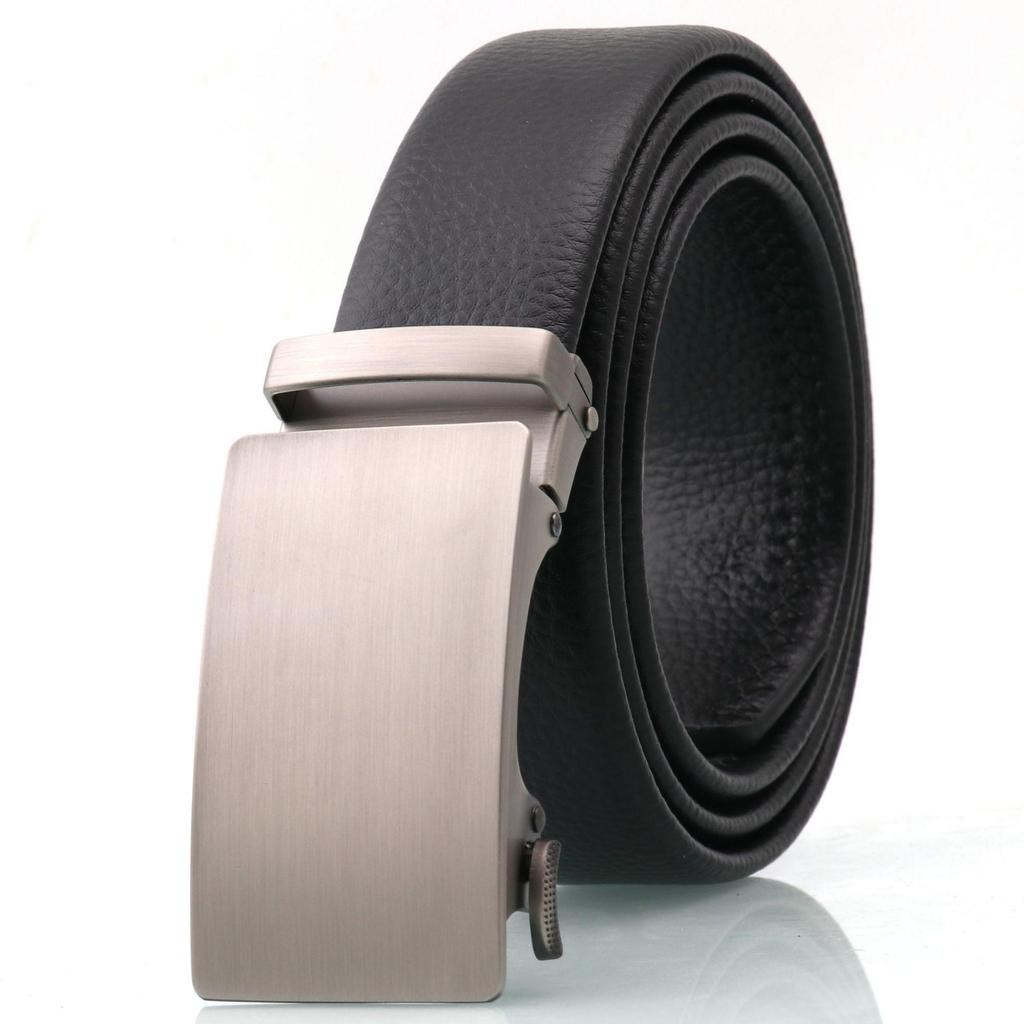 Men's Genuine Leather Belt with Brushed Automatic Buckle and Customizable Laser Logo for Formal Wear