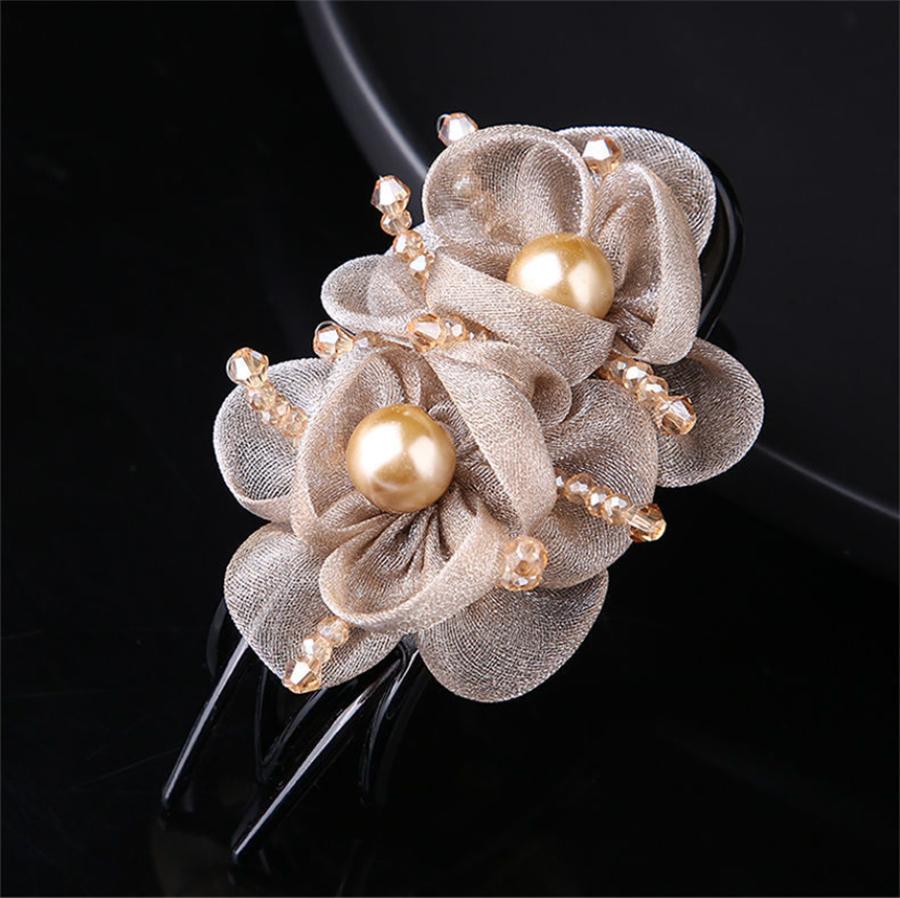 New fashionable Korean silk floral duckbill clip for women retro temperament pearl back head hair clip hair accessories gift