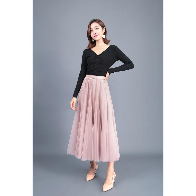 Elegant A-Line Pleated High Waist Mesh Skirt - Autumn Collection for Women