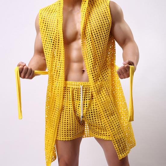 Männer Sexy Nachthemd mit Kapuze Ärmellos Einfarbig Aushöhlen Mesh Loungewear Schnürung Nacht Robe