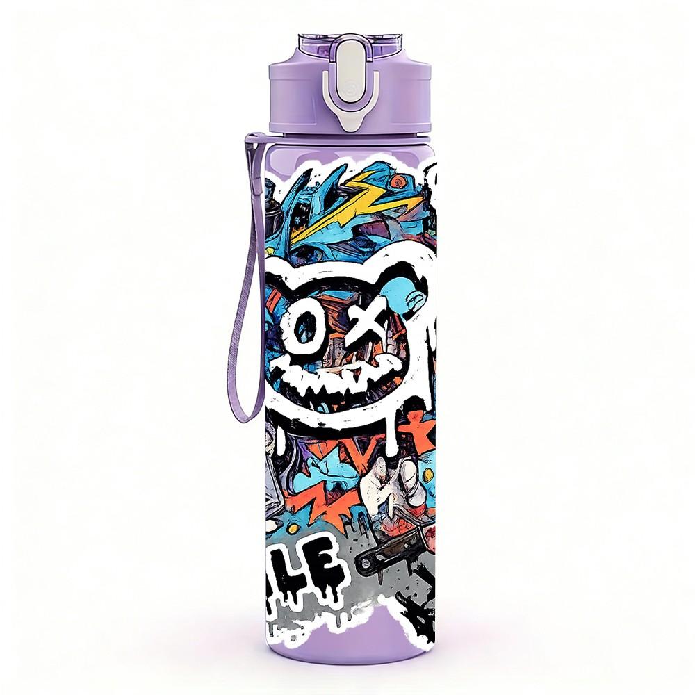 1PC Graffiti Bear Smile Face Art Print 750ml Color Plastic Sports Water Bottle Leakproof Flip Straw Lid Suitable for Sports Office Home Use