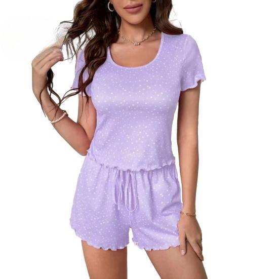 

Женская Мода Повседневный Летний Весенний Принт в Горошек Короткий Рукав U-образный Вырез Блузки и Рубашки Брюки Костюмы XL лавандовый