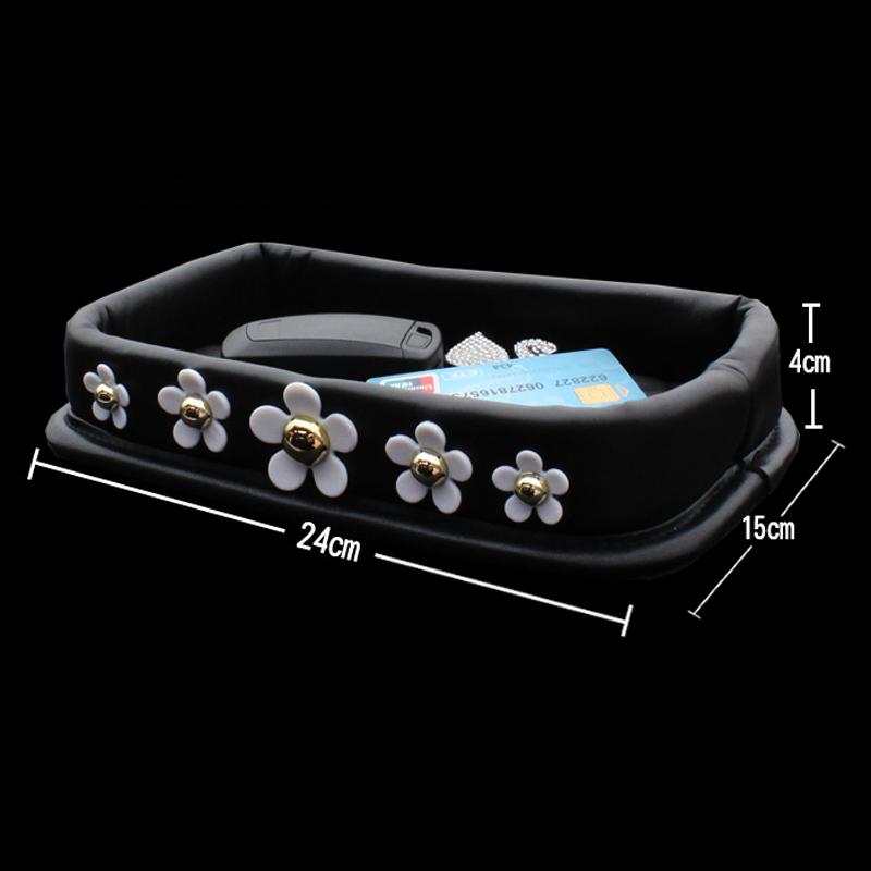 Creative Camellia Rhinestone PU Leather Car Phone Storage Box Instrument Panel Mobile Phone Keys Coin Basin Armrest Storage Box