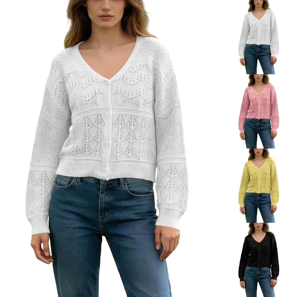 Women Lightweight V Neck Button Front Knit Sweater Openwork Pattern Long Sleeve Casual Pullover Top