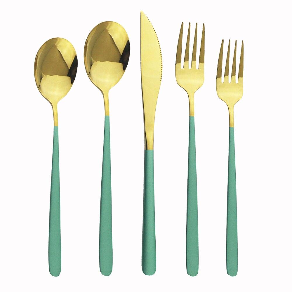 Portable Food Dinnerware Cutlery Set 304 Stainless Steel Table Knife Spoon Fork Dinner Set Green Gold Tableware Set