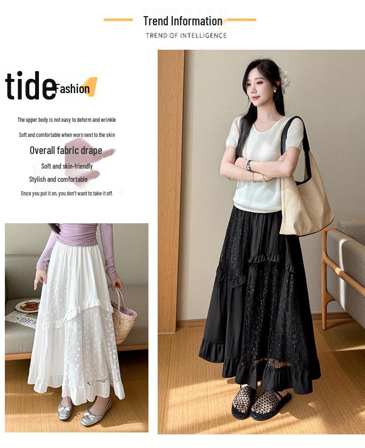 Women's White Lace Ruffled Midi A-line Cake Skirt - 2026 Spring/Summer