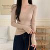 Autumn Winter V-neck Solid Color Knitting Pullover Top Women Casual Fashion Elastic All-match Slim Sweater