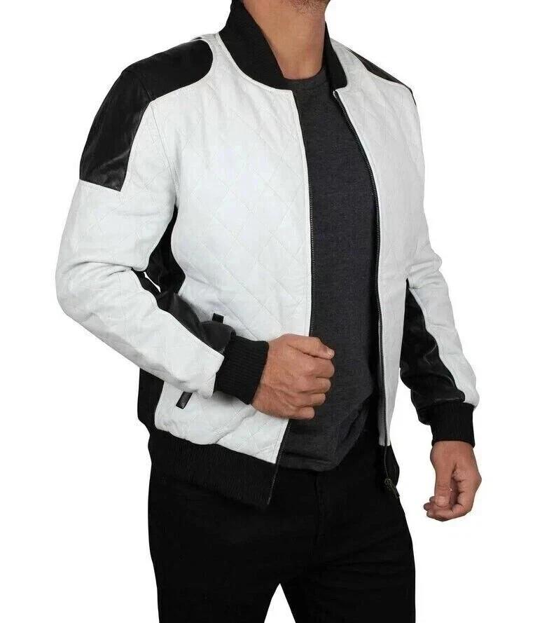 Leather Genuine Lambskin Men Stylish Jacket White & Black Handmade Classy Biker Soft