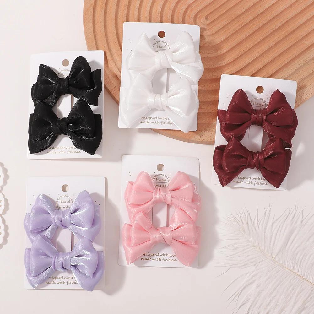 2pcs Elegant Solid Chiffon BowPonytail Hair Clips Baby Girls Hair Ornament Hairpin Barrettes