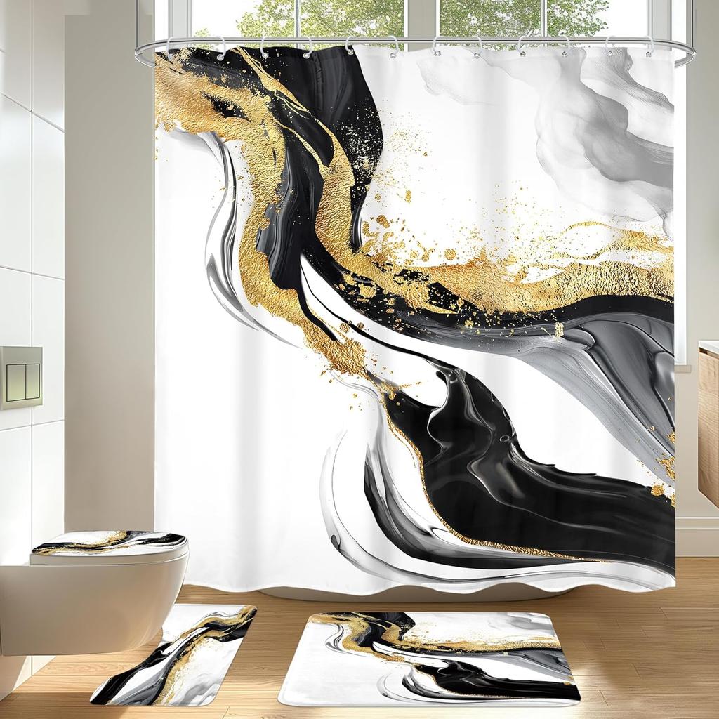 Green Gold Marble Flower Shower Curtain Rose Abstract Modern Floral Luxury Minimalist Ink Texture Men Hooks Fabric Waterproof