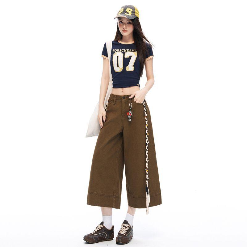 Trendy Summer Vintage High Waist Draped Wide Leg Straight Denim Cropped Capri Pants Versatile Slimming Classic Daily Pants