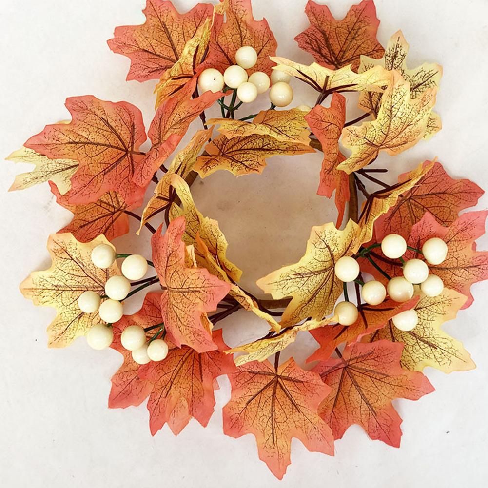 Artificial Maple Leaves Wreath With Berries Sunflowers Candle Rings For Farmhouse Fall Thanksgiving Wedding Centerpiece Table Door Decor