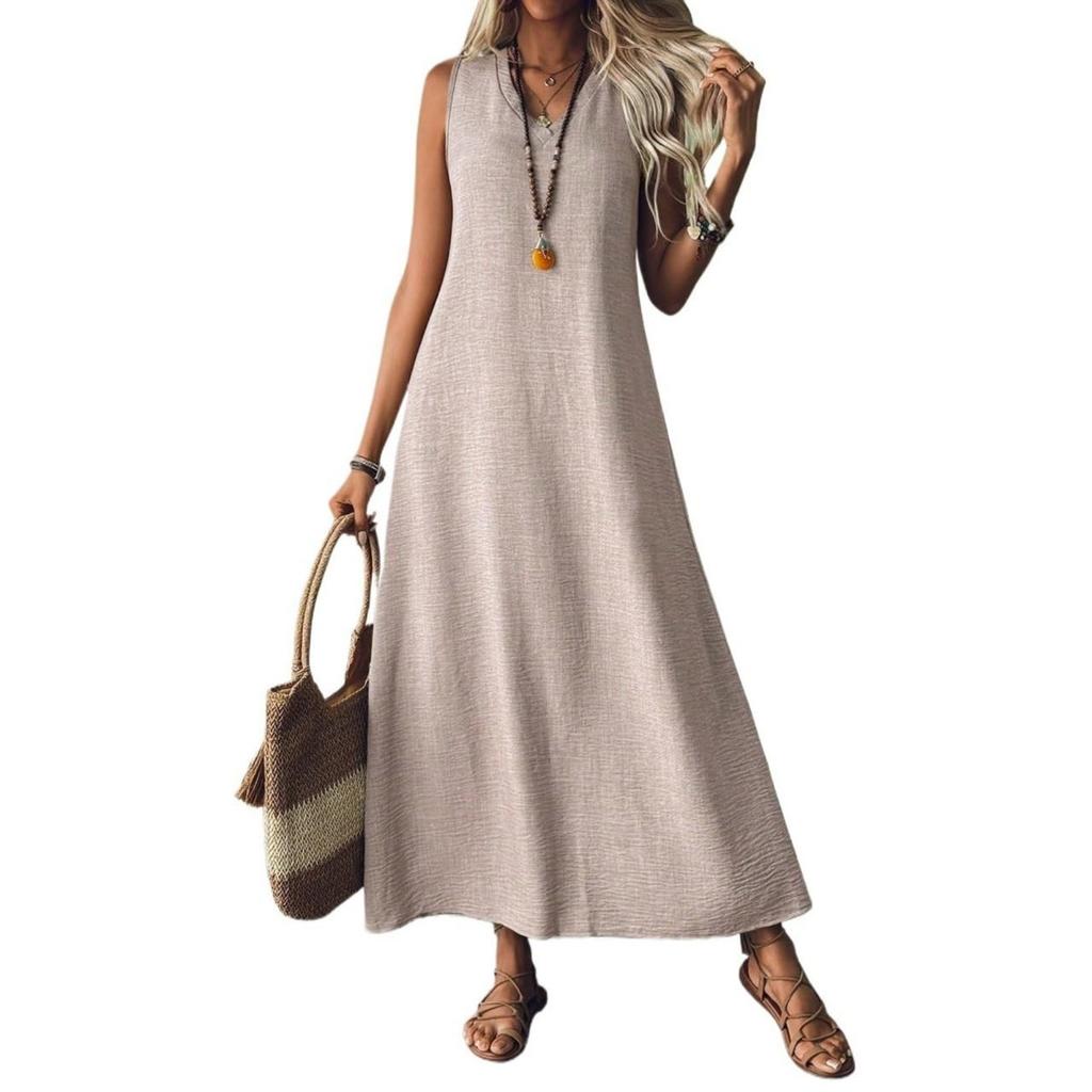 Summer Elegant Sleeveless V-neck Back Zipper Long Maxi Dress for Women European American Style Cross-border Apparel